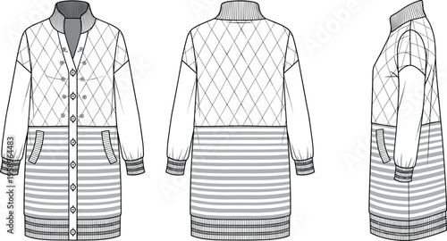 Technical flat sketch of a women's longline quilted cardigan jacket with diamond patterns horizontal stripes ribbed collar and button closure