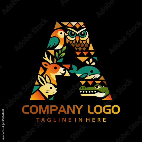 Geometric Alphabet letter A with animal motifs logo
