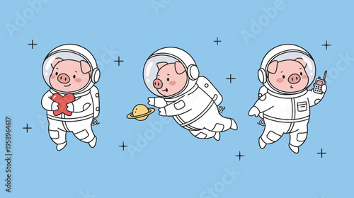 Three Cute Pink Pig Astronauts Floating in Outer Space with Heart Saturn Planet and Walkie Talkie Radio Communication Devices Vector Graphics