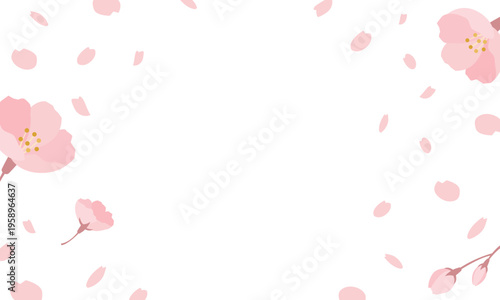 春の桜が花びら舞い散る白背景フレーム美しい桜のパステルカラーシンプルナチュラルなベクター素材