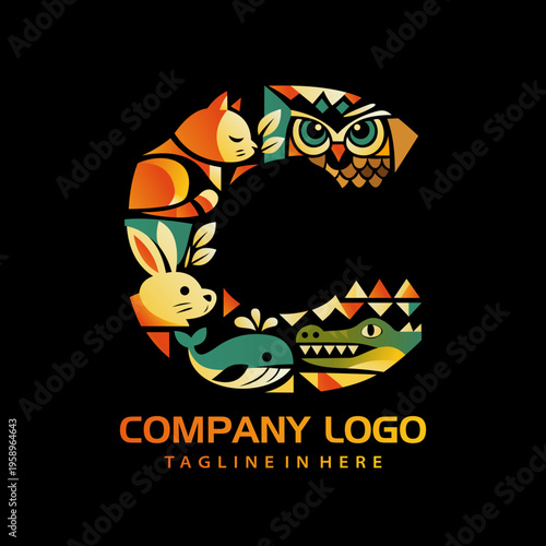 Geometric Alphabet letter C with animal motifs logo