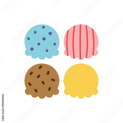 Four Different Flavors of Ice Cream Scoops Set Including Blueberry Strawberry Chocolate Chip and Vanilla Isolated on White Background Illustration