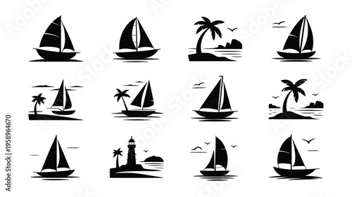 Minimalist sailing icons with palm trees and lighthouses on white background
