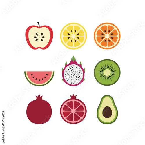 Set of Fresh Fruit Cross Section Icons Including Apple, Lemon, Orange, Watermelon, Dragon Fruit, Kiwi, Pomegranate and Avocado Vector Illustration