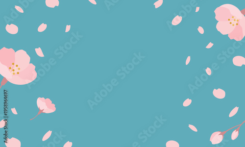 春の桜が花びら舞い散る青色の背景フレーム美しい桜のパステルカラーシンプルナチュラルなベクター素材