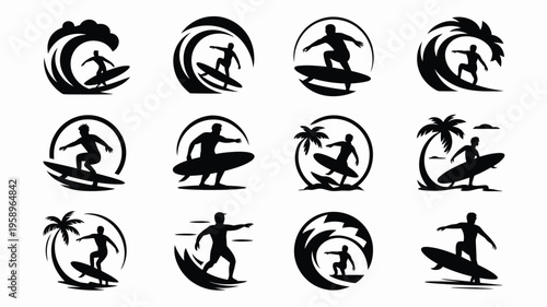 Collection of 12 bold black silhouettes of surfers riding waves with palm trees various surfing poses and wave styles on white background