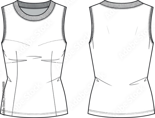 Women's sleeveless crew neck fitted tank top technical fashion sketch with princess seams and ribbed collar for apparel design development.