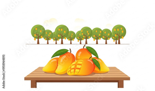 Fresh ripe mangoes on wooden table with mango tree farm vector illustration isolated on white background