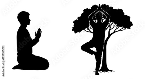 Contrast of meditation and yoga tree pose under nature's influence Vector, illustration