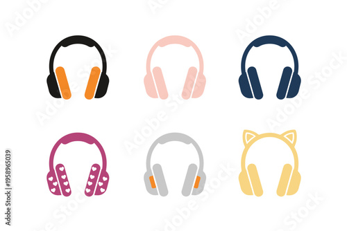 Collection of Diverse Headphone Icons Including Gaming Headset with Cat Ears, Heart Patterns and Minimalist Designs for Audio Experience Vector