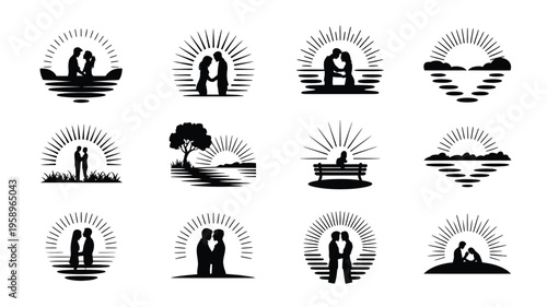 Romantic sunset silhouettes of loving couples in various scenic landscapes