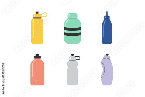Set of Various Reusable Water Bottles in Different Shapes and Colors for Fitness and Outdoor Activities, Eco Friendly Plastic and Metal Flasks Vector Set