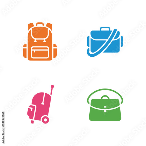Colorful Travel Bags and Luggage Icons Set Including Backpack Briefcase Suitcase and Handbag Isolated on White Background, Vacation Trip Vector Symbols