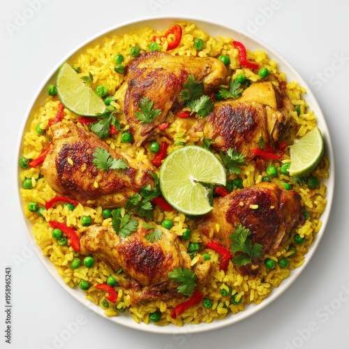 Arroz con Pollo Latin American food plate isolated on a white background
