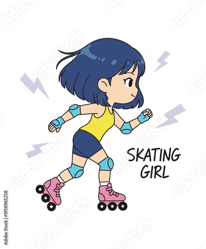 Cute Girl Character Roller Skating with Protective Gear and Lightning Symbols, Active Lifestyle and Sports Concept for Kids, Cartoon Vector Illustration
