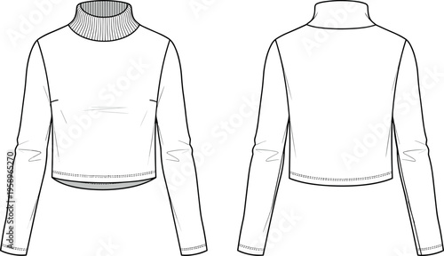 Women's Ribbed Turtleneck Long Sleeve Crop Top Vector Technical Fashion Flat Sketch Template Front and Back View for Apparel Design