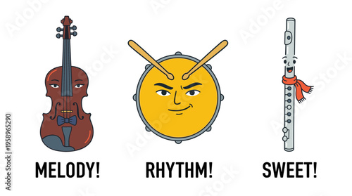 Funny Musical Instrument Characters with Faces Set Including Violin Drum and Flute, Melody Rhythm and Sweet Text Music Education Vector Art