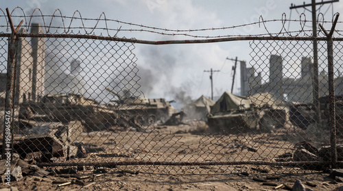 Gritty photograph looking through barbed wire at a hazy, smoke-filled war zone with military vehicles and tents.