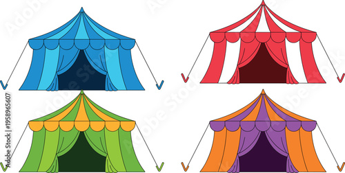 Set of four colorful circus tent vectors with stripes and curtains in blue red green and purple festival illustrations