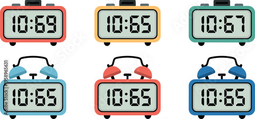 Set of digital alarm clock vectors with different colors and bell styles for time management and morning routine designs