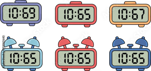 Set of digital alarm clock vectors with different colors and bell styles for time management and morning routine designs