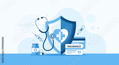 Health Insurance Shield with Stethoscope, Syringe, Pills, and Credit Card