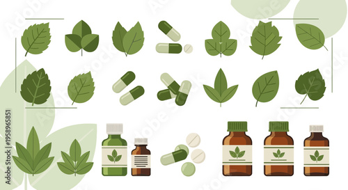 Herbal medicine, natural remedies, leaves, pills, and bottles, alternative therapy concept
