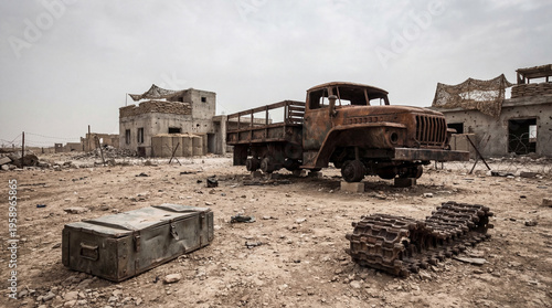 Wide-angle photograph of a desolate, post-conflict desert landscape featuring a decaying military truck and ruins.