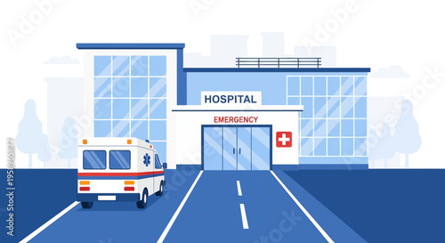 Hospital Emergency Entrance with Ambulance Arriving - Modern Medical Building Facade