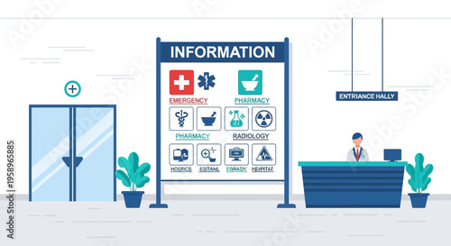 Hospital information desk with signage for emergency, pharmacy, radiology, and entrance