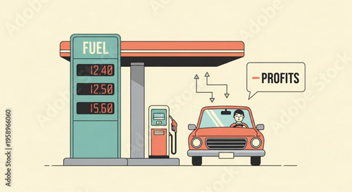Rising fuel costs concept with cartoon car refueling at a gas station with increasing prices