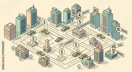 Isometric cityscape with financial symbols and buildings on a grid representing commerce and economy