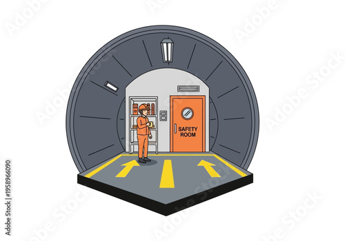 Worker standing near the entrance of a safety room in a large industrial facility