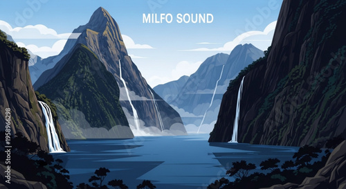 Milfo sound scenic landscape with majestic mountains waterfalls and serene lake under blue sky