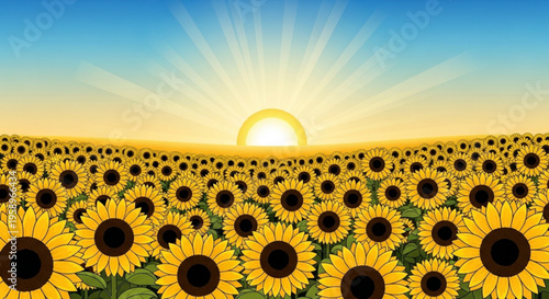 Vibrant sunflower field at sunset with bright yellow flowers and clear blue sky