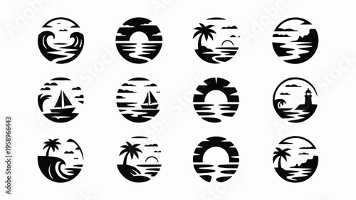Collection of 12 tropical beach logo designs featuring palm trees sunsets and sailboats in black on white background for branding and travel industry use