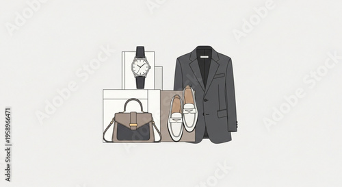 Fashionable business attire and accessories arrangement with blazer handbag shoes and watch on white background