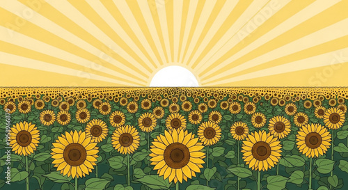 Vibrant sunflowers field at sunrise with bright yellow petals and green leaves in a serene landscape