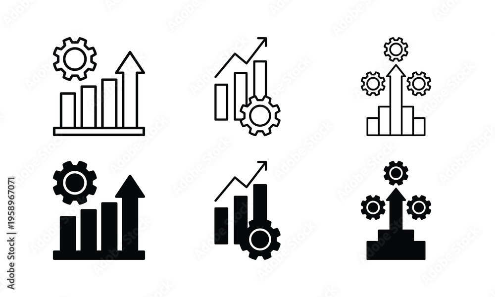 Fototapeta premium Black Line Gear Growth Chart Analytics Icons Set Vector