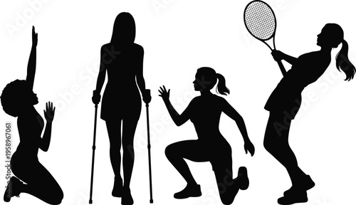 Active women silhouette set sports fitness tennis walking crutches exercise celebration black white illustration dynamic poses healthy lifestyle design concept