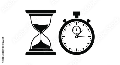 A classic vector graphic illustration featuring an hourglass and a modern stopwatch, symbolizing the concept of time management and precise measurement.