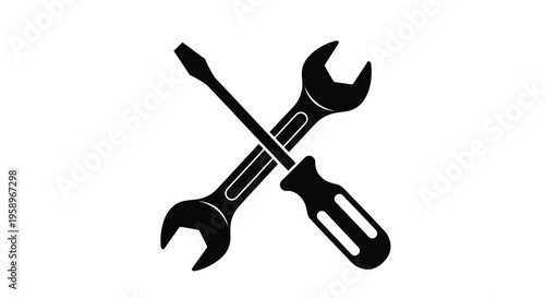A simple black and white vector illustration depicting a crossed wrench and screwdriver, symbolizing repair, maintenance, tools, service, and settings for various graphic design projects.