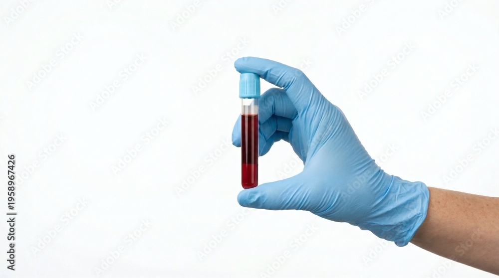 Naklejka premium Hand in blue glove holding blood sample in test tube with medical glove