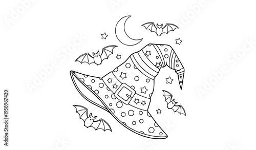 Witch hat and bats Halloween coloring page for kids outline vector design