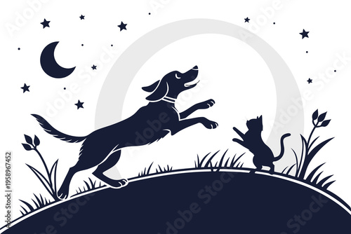 Dog and cat playing together at night under crescent moon and stars, pet animals having fun outdoors on grassy hill