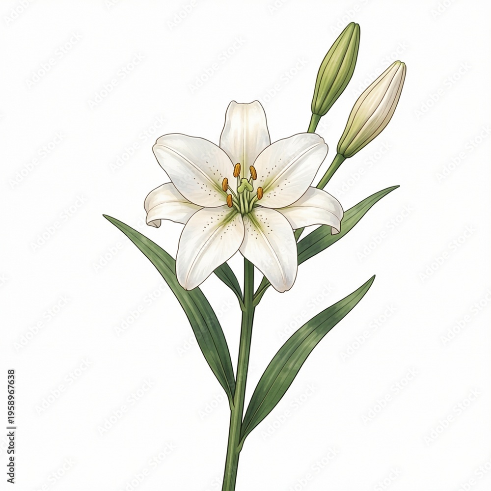 Fototapeta premium White Lily Flower Illustration with Green Stem and Leaves, Isolated on White