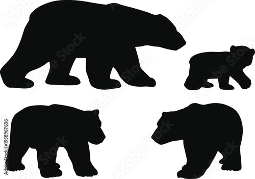 bear, silhouettes, collection, wildlife, animals, mammal, predator, cub, black, isolated, vector, illustration, set, icons, nature, forest, animal, design, shape, outline