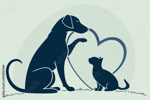 Dog and cat with heart shape representing animal love and companionship, pets forming bond
