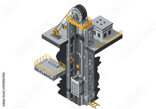 Isometric view of a mining elevator shaft with a hoisting mechanism and industrial building