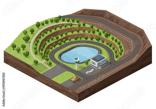Sustainable water reservoir and treatment facility with renewable energy sources in a terraced landscape